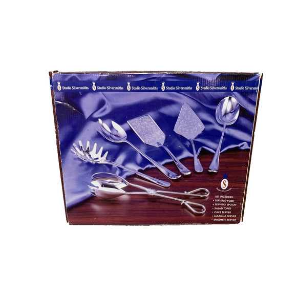 New Studio Silversmiths 5 Piece 12" Serving Set SilverPlated SaladTong SpoonFork - Picture 1 of 7